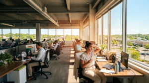 Office workers sit at desks in a modern, sunlit open-plan office with large windows overlooking a parking lot and trees, where South Jersey businesses focus on productivity and corrosion prevention for lasting success.