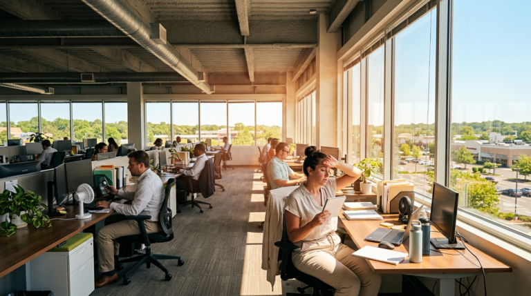 Office workers sit at desks in a modern, sunlit open-plan office with large windows overlooking a parking lot and trees, where South Jersey businesses focus on productivity and corrosion prevention for lasting success.