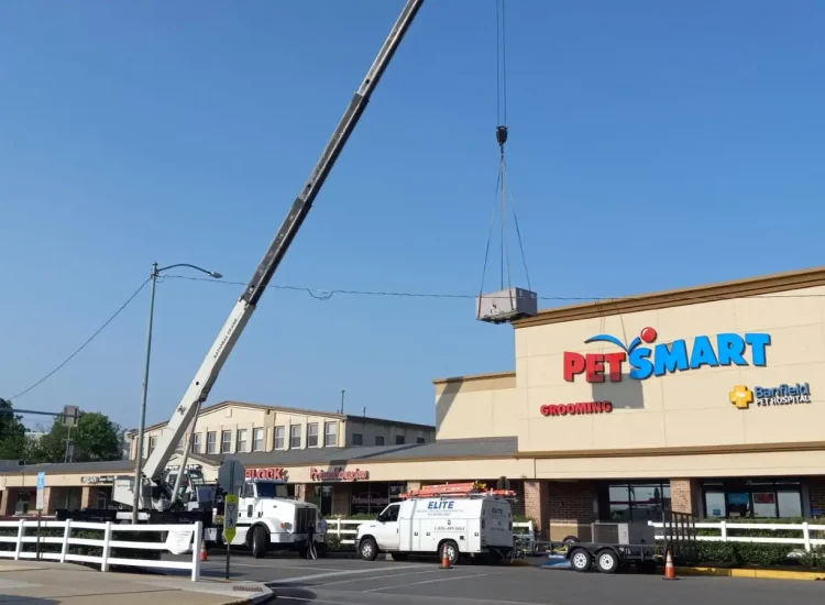 A crane lifts a large air conditioning unit onto the roof of a PetSmart store. The scene includes an Elite Climate Control truck and several workers ensuring safety. A testament to one of the best HVAC companies near me, the building boasts a Banfield Hospital logo against a bright, clear sky backdrop.